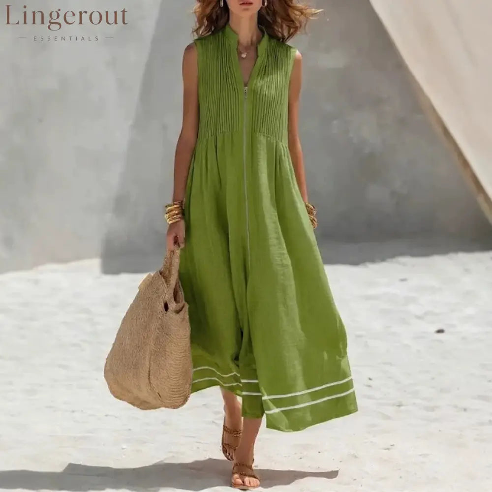 Stand Collar Pleated Zip Front Sleeveless Linen Midi Dress