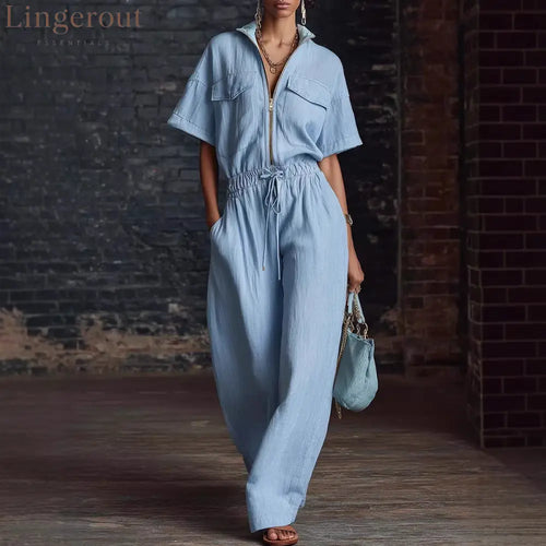 Stand Collar Sleeveless Casual Loose Cotton And Linen Jumpsuit