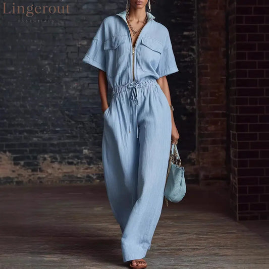 Stand Collar Sleeveless Casual Loose Cotton And Linen Jumpsuit