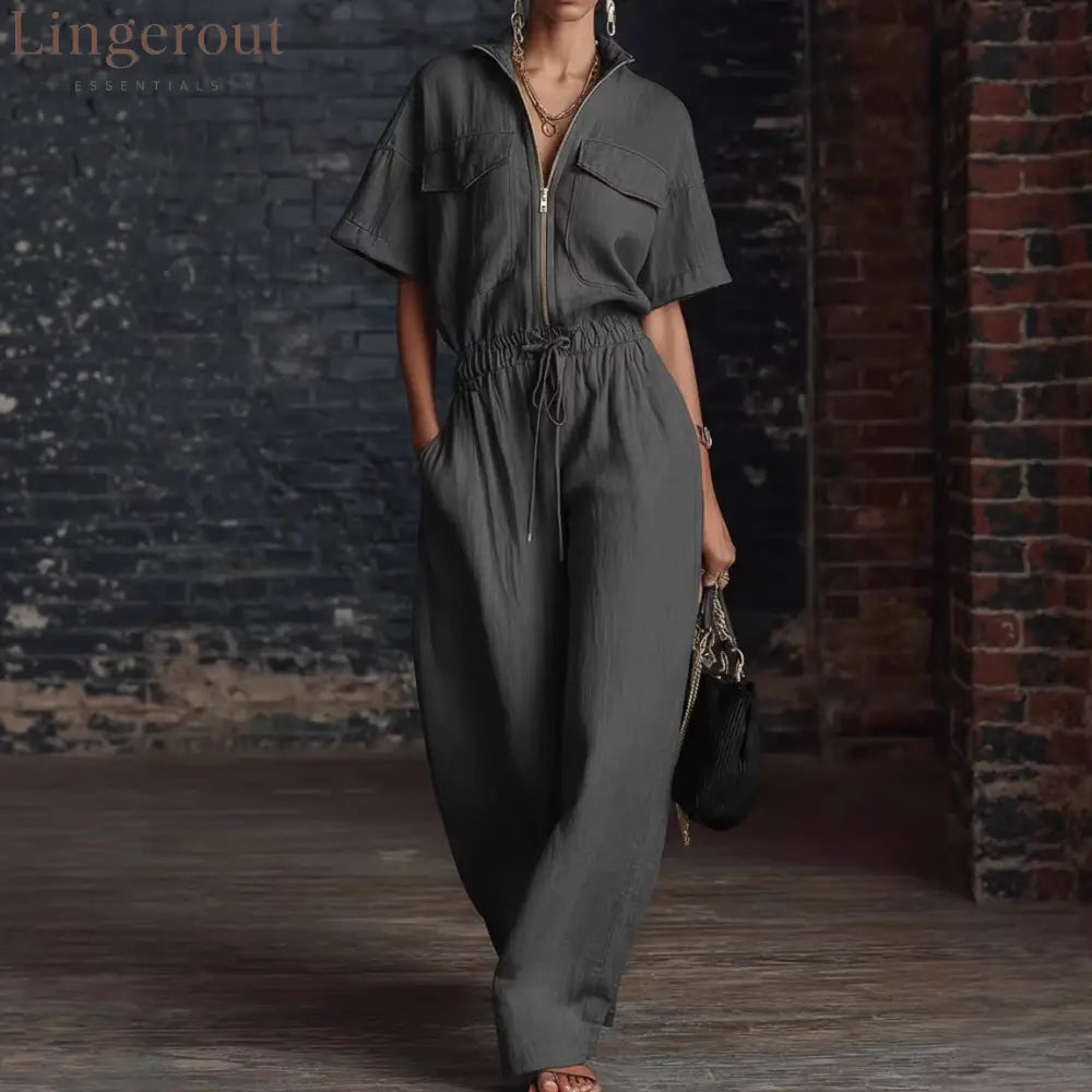 Stand Collar Sleeveless Casual Loose Cotton And Linen Jumpsuit