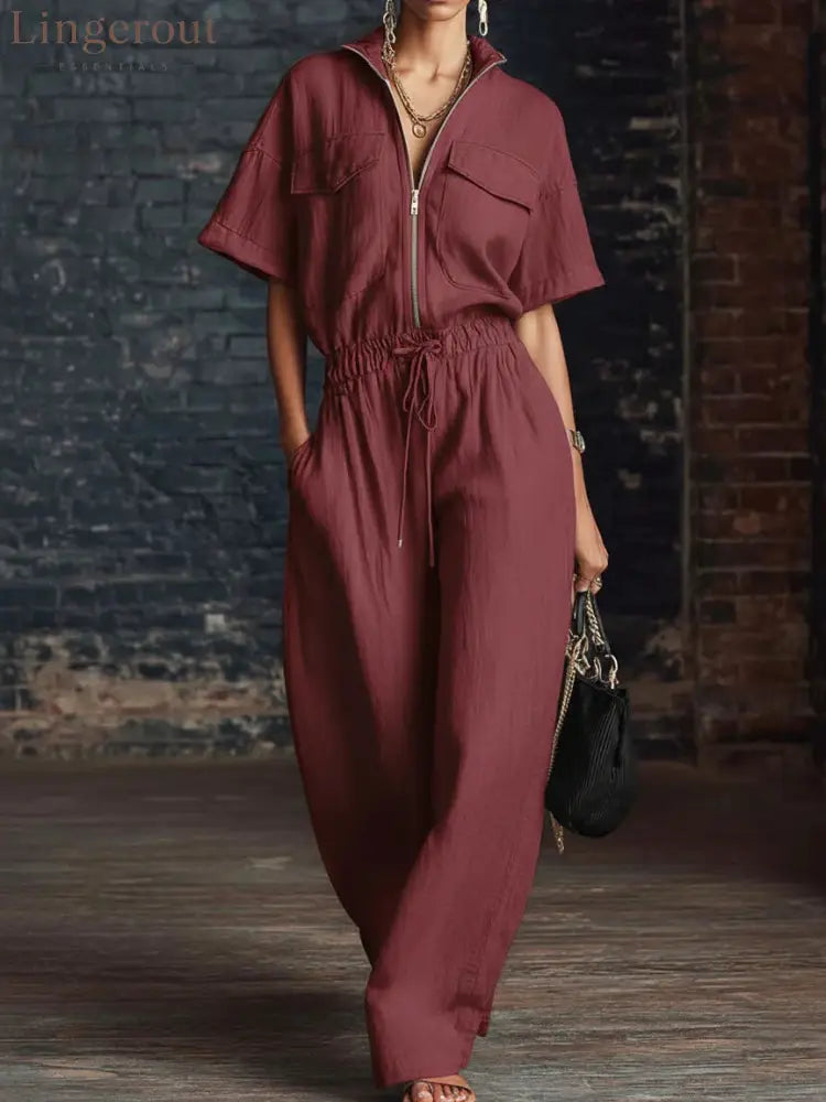Stand Collar Sleeveless Casual Loose Cotton And Linen Jumpsuit - Claret / S