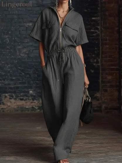 Stand Collar Sleeveless Casual Loose Cotton And Linen Jumpsuit - Grey / S
