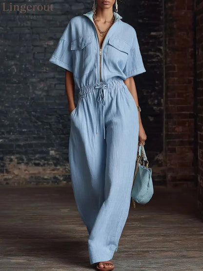 Stand Collar Sleeveless Casual Loose Cotton And Linen Jumpsuit - Sky blue / S