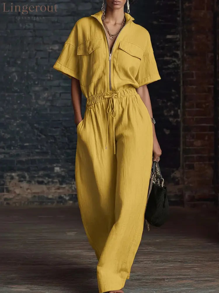 Stand Collar Sleeveless Casual Loose Cotton And Linen Jumpsuit - Yellow / S