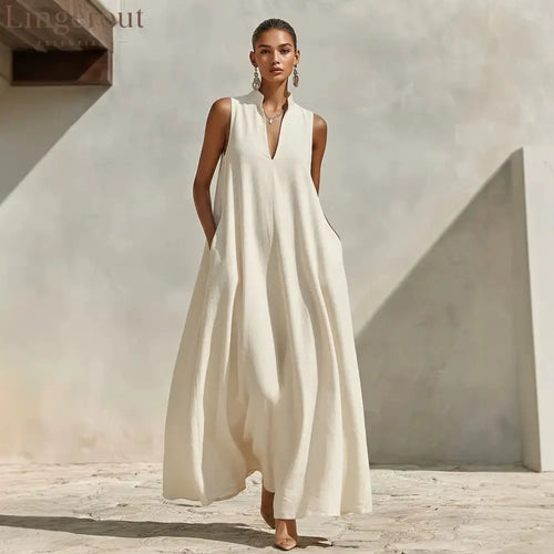 Stand Collar Sleeveless Linen Blend Pocketed Oversized Maxi Dress