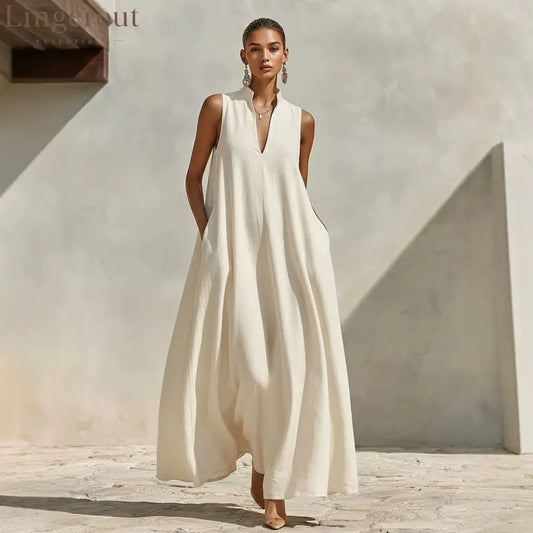 Stand Collar Sleeveless Linen Blend Pocketed Oversized Maxi Dress