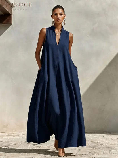 Stand Collar Sleeveless Linen Blend Pocketed Oversized Maxi Dress - Navy blue / S