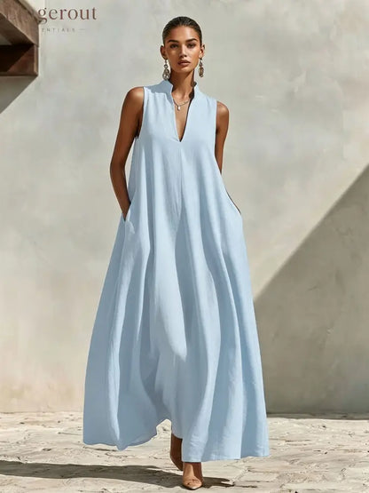 Stand Collar Sleeveless Linen Blend Pocketed Oversized Maxi Dress - Sky blue / S