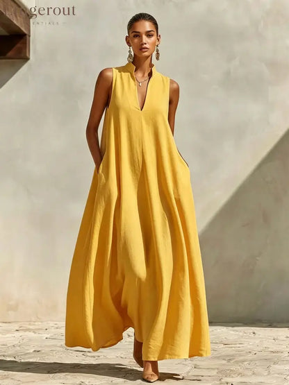 Stand Collar Sleeveless Linen Blend Pocketed Oversized Maxi Dress - Yellow / S