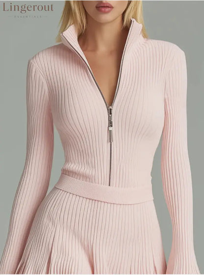 Stand Collar Zip‑Up Ribbed Knit Mini Dress Bell Long Sleeve High Waist Flare Bodycon Dress