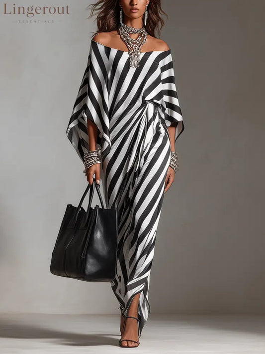Statement Monochrome Stripe Asymmetric Maxi Dress - black and white / XS