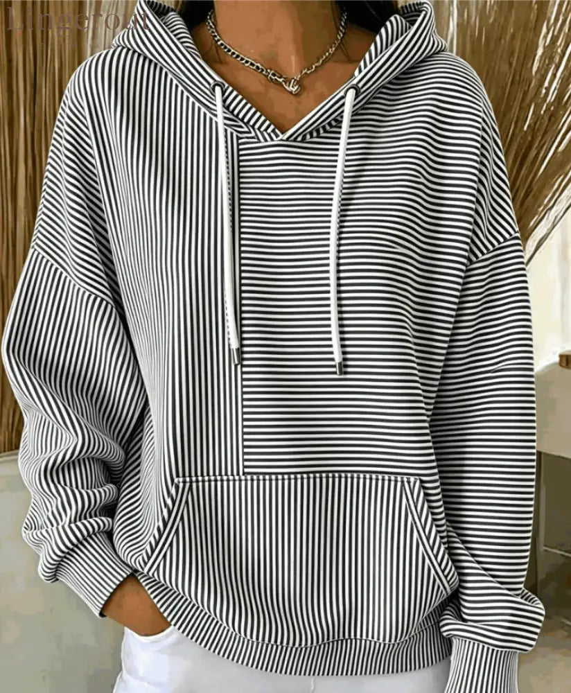 Stripe Color‑Block Patchwork Hoodie - Black / S