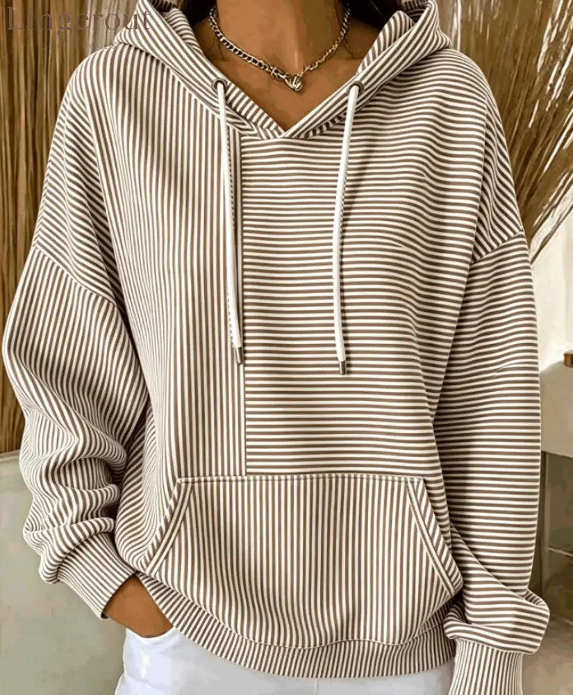 Stripe Color‑Block Patchwork Hoodie - Khaki / S