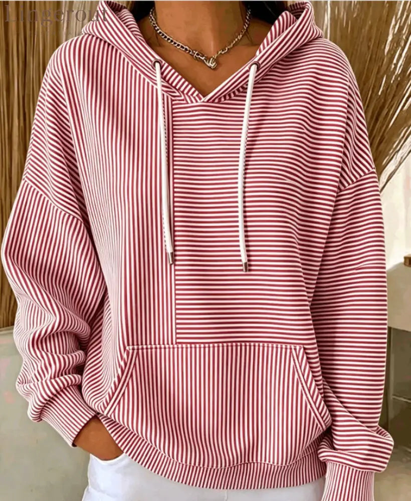 Stripe Color‑Block Patchwork Hoodie - Red / S