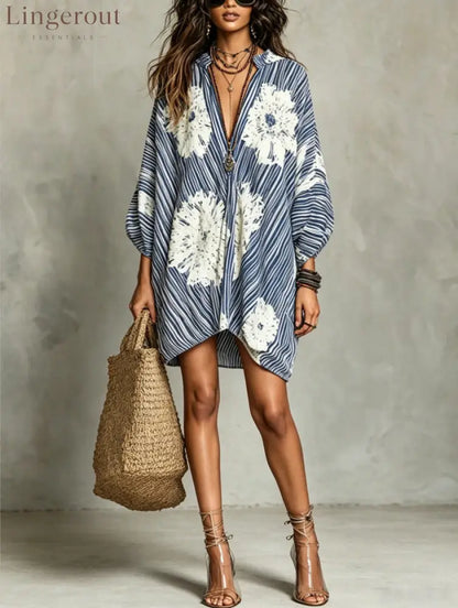 Stripe Floral Oversized Tunic Mini Dress - Blue / S