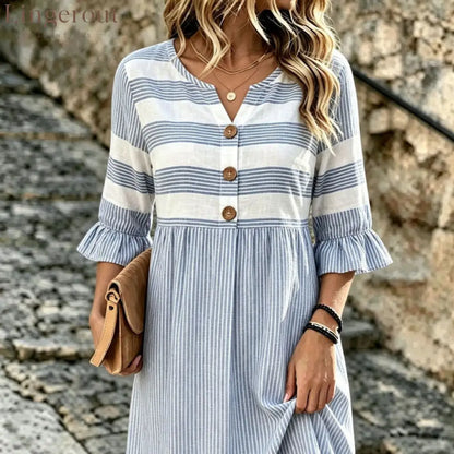 Stripe Mixed Print Linen‑Blend Midi Dress