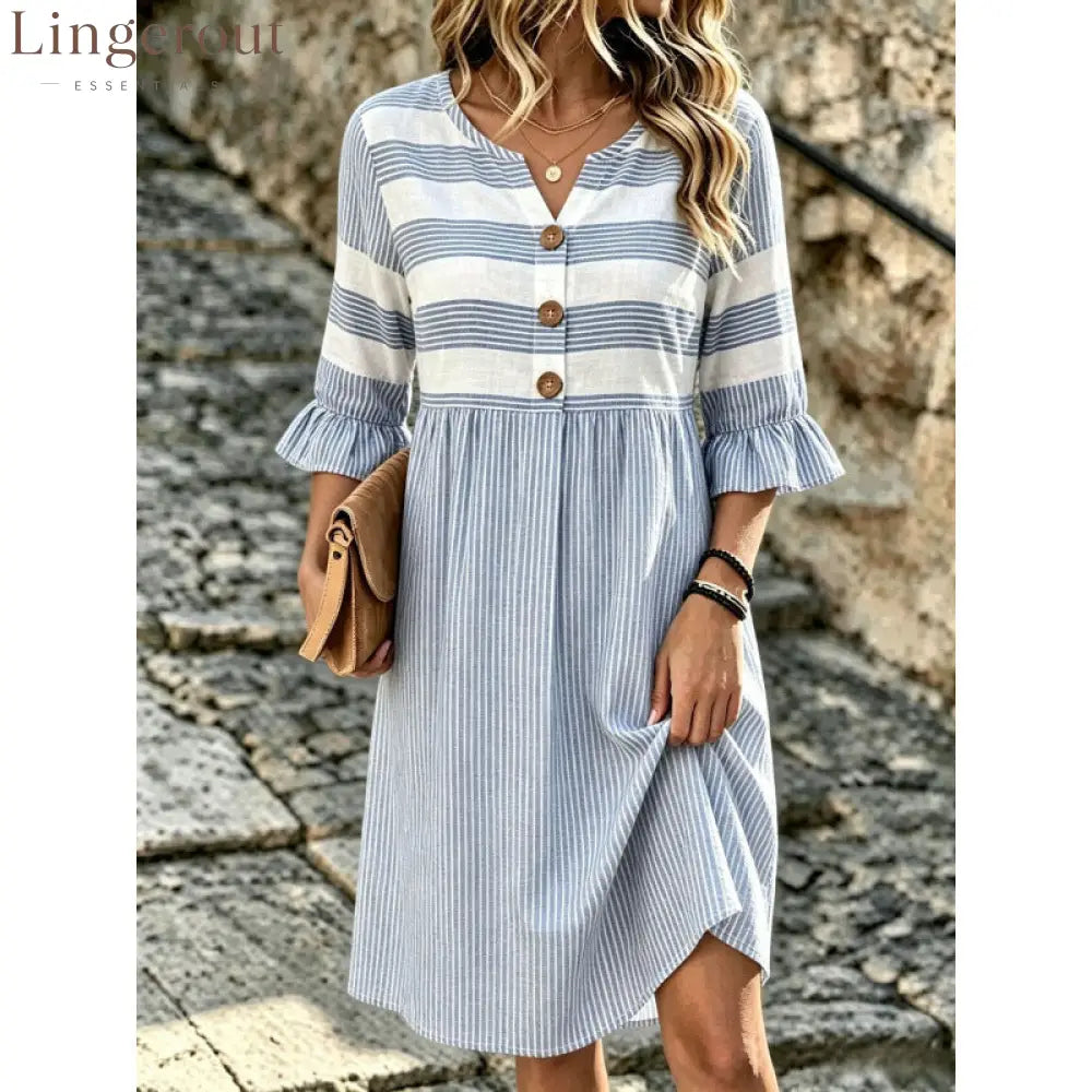 Stripe Mixed Print Linen‑Blend Midi Dress - blue / XS