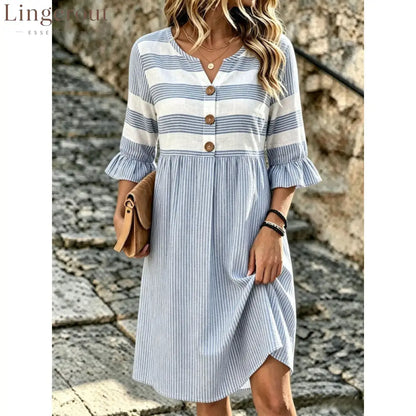 Stripe Mixed Print Linen‑Blend Midi Dress - blue / XS