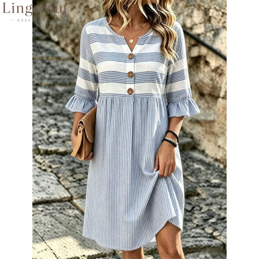 Stripe Mixed Print Linen‑Blend Midi Dress - blue / XS