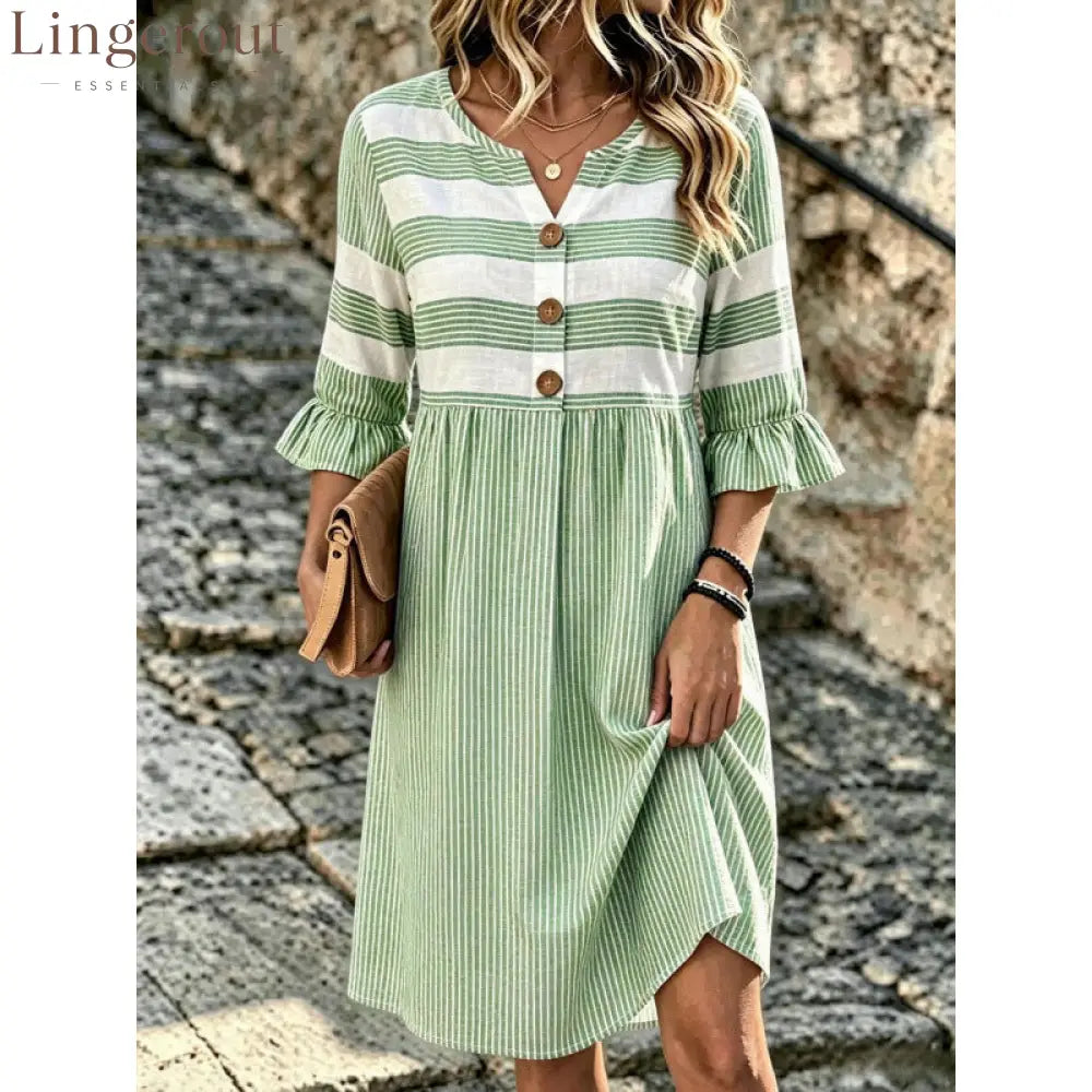 Stripe Mixed Print Linen‑Blend Midi Dress - green / XS