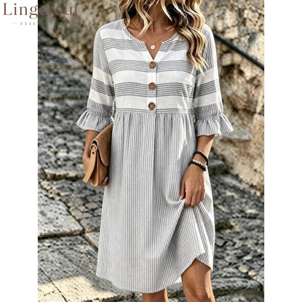 Stripe Mixed Print Linen‑Blend Midi Dress - grey / XS