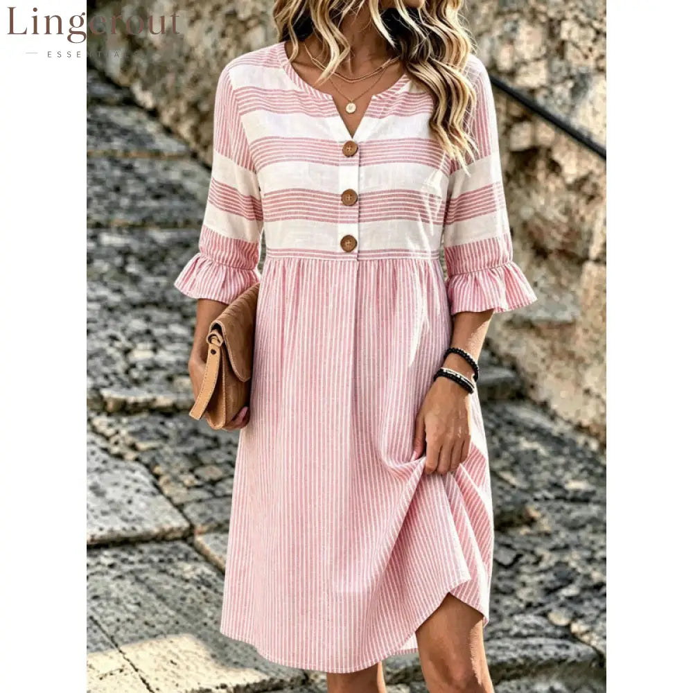 Stripe Mixed Print Linen‑Blend Midi Dress - pink / XS