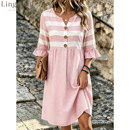 Stripe Mixed Print Linen‑Blend Midi Dress - pink / XS