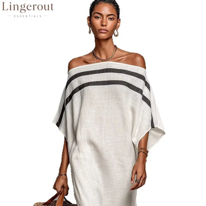 Stripe Off Shoulder Batwing Linen Maxi Kaftan Dress
