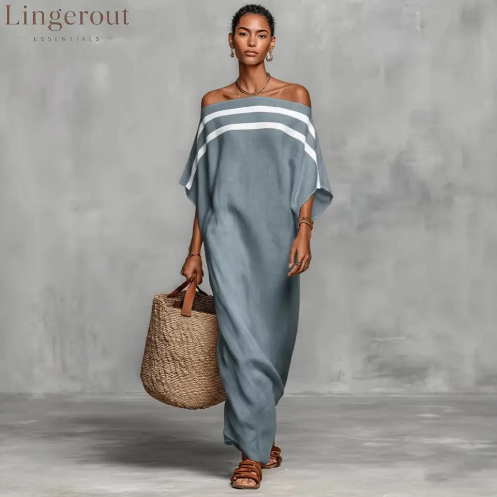 Stripe Off Shoulder Batwing Linen Maxi Kaftan Dress