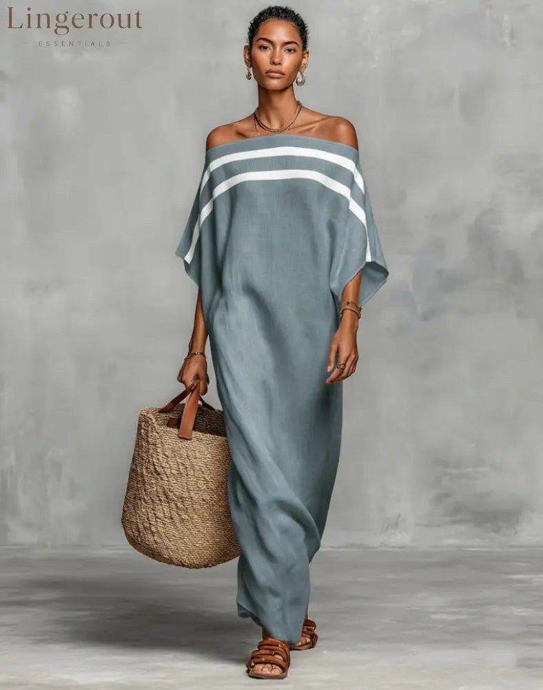 Stripe Off Shoulder Batwing Linen Maxi Kaftan Dress - Light blue / S
