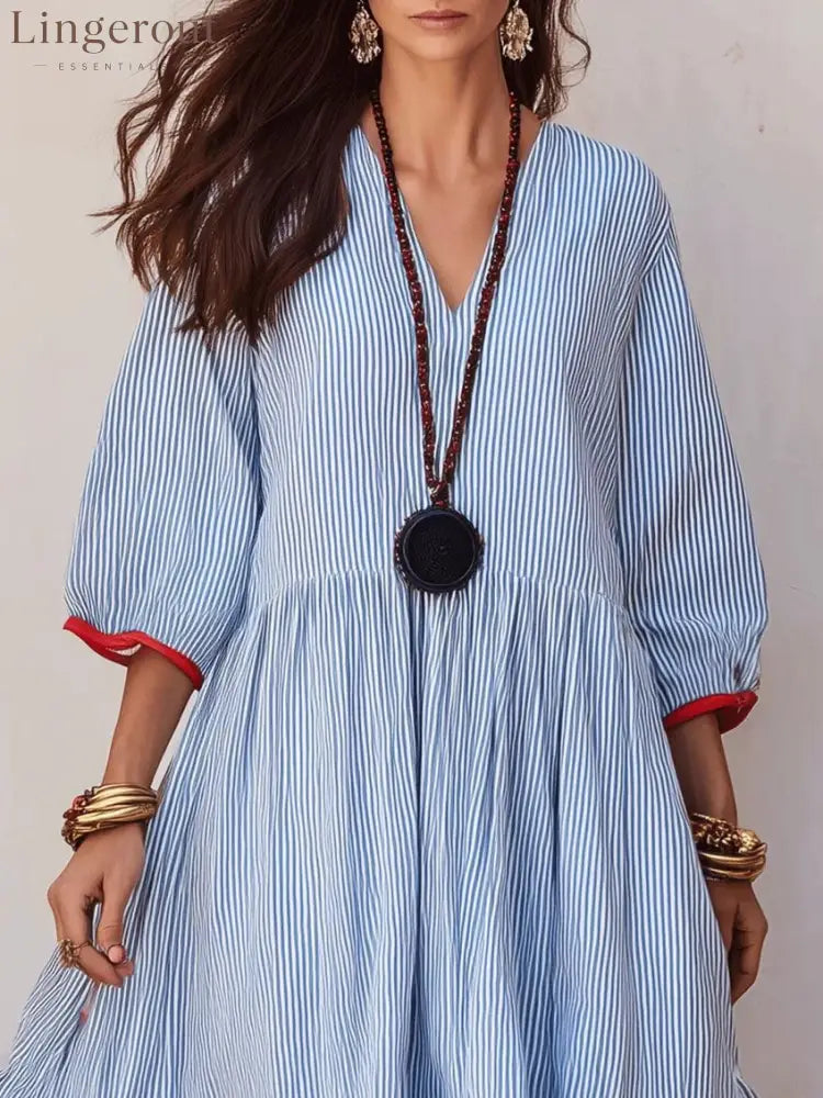 Stripe Red‑Trim Tiered Linen‑Blend Maxi Dress