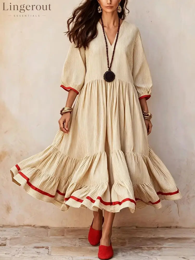 Stripe Red‑Trim Tiered Linen‑Blend Maxi Dress