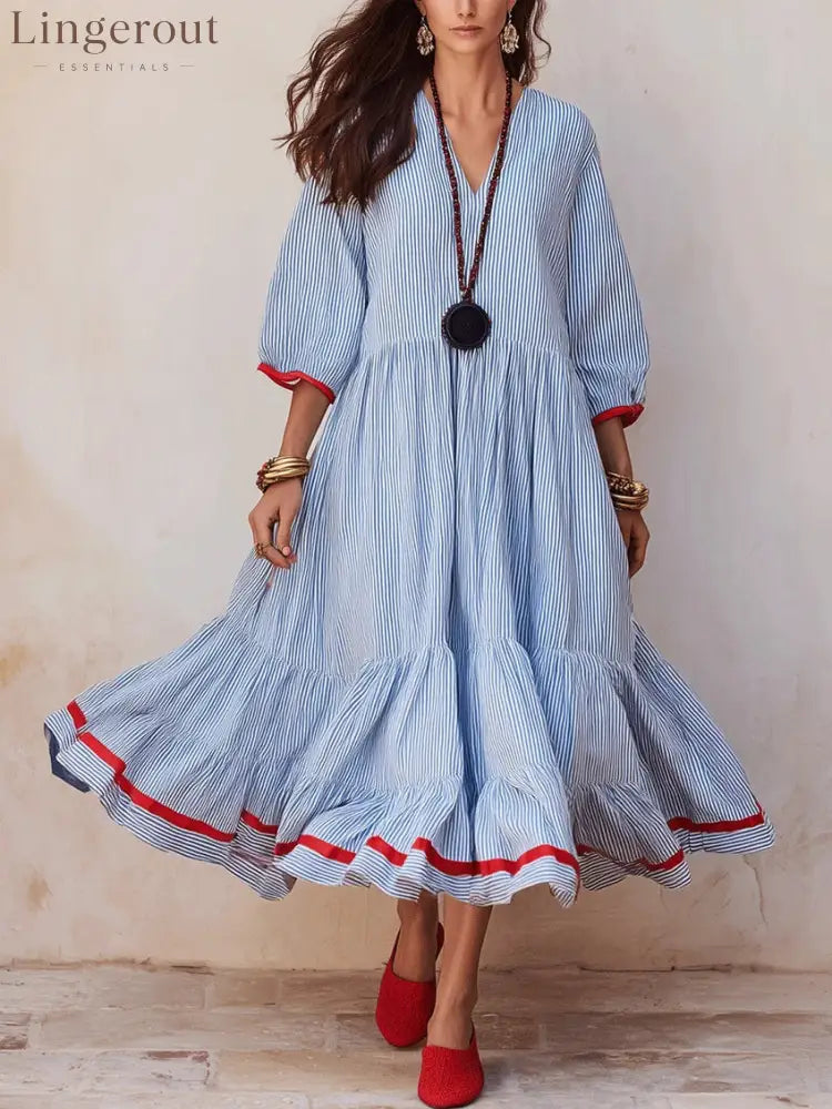 Stripe Red‑Trim Tiered Linen‑Blend Maxi Dress
