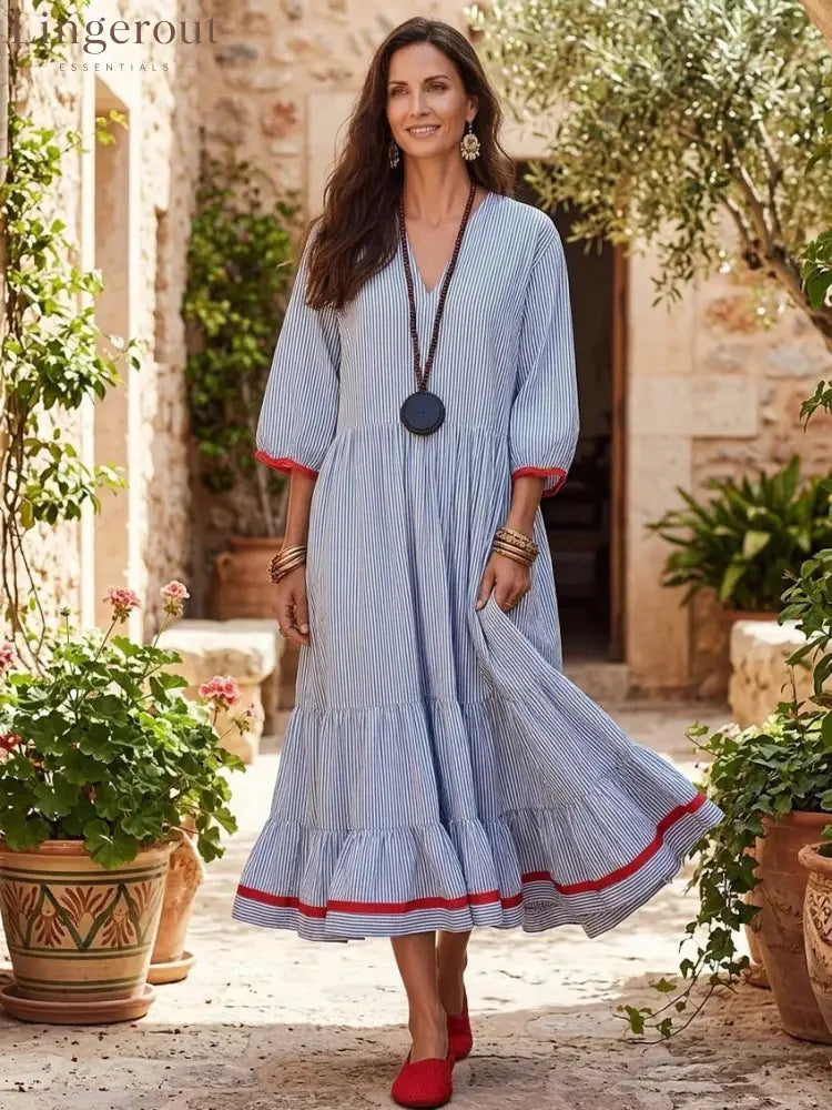 Stripe Red‑Trim Tiered Linen‑Blend Maxi Dress