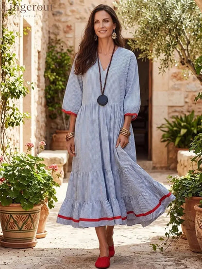Stripe Red‑Trim Tiered Linen‑Blend Maxi Dress