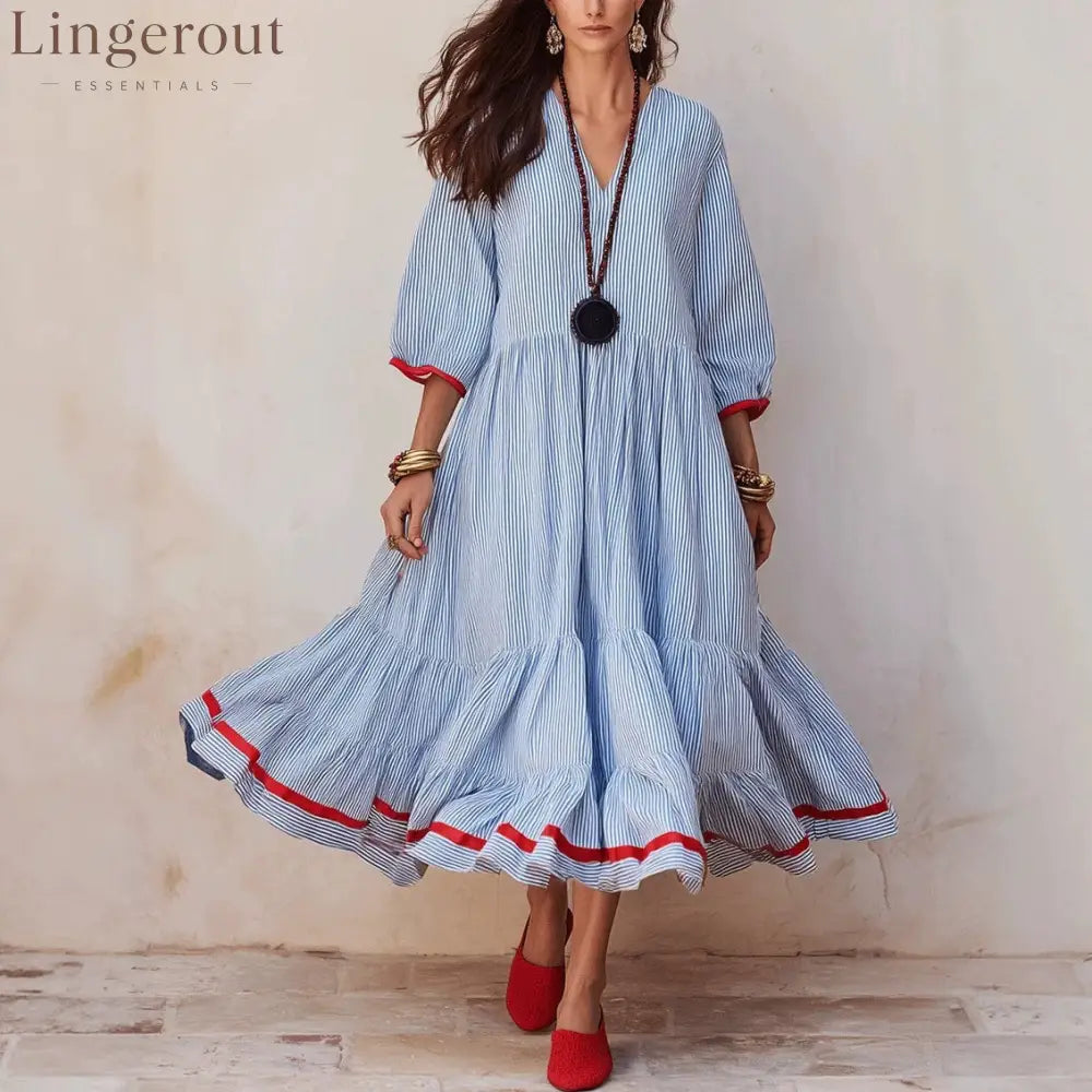 Stripe Red‑Trim Tiered Linen‑Blend Maxi Dress - blue / S