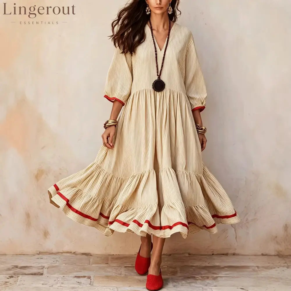 Stripe Red‑Trim Tiered Linen‑Blend Maxi Dress - khaki / S