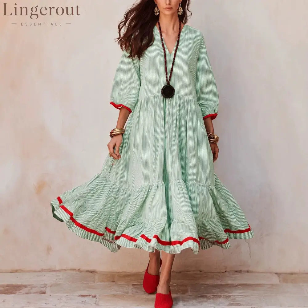 Stripe Red‑Trim Tiered Linen‑Blend Maxi Dress - light green / S
