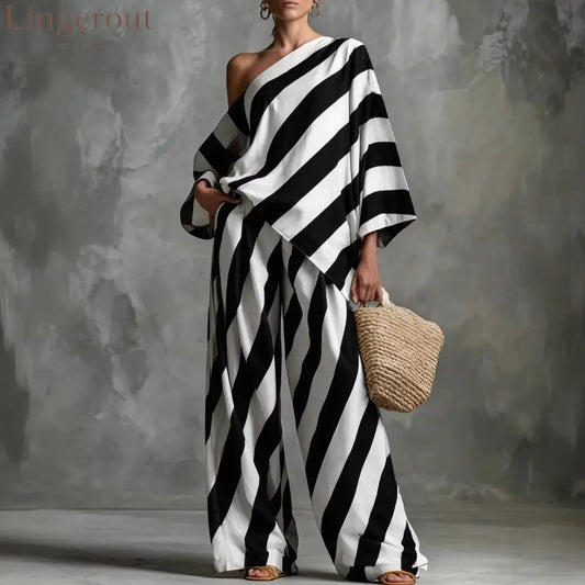 Striped Asymmetric Top & Wide-Leg Pants Set