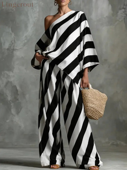 Striped Asymmetric Top & Wide-Leg Pants Set - Black / S