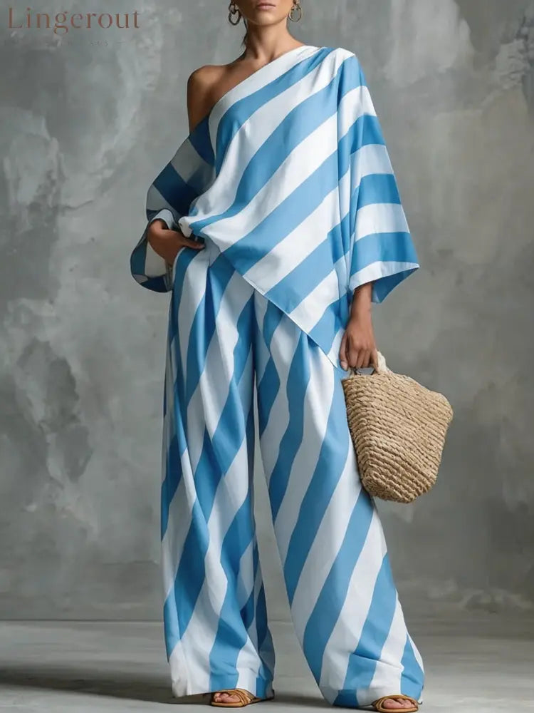 Striped Asymmetric Top & Wide-Leg Pants Set - Light blue / S