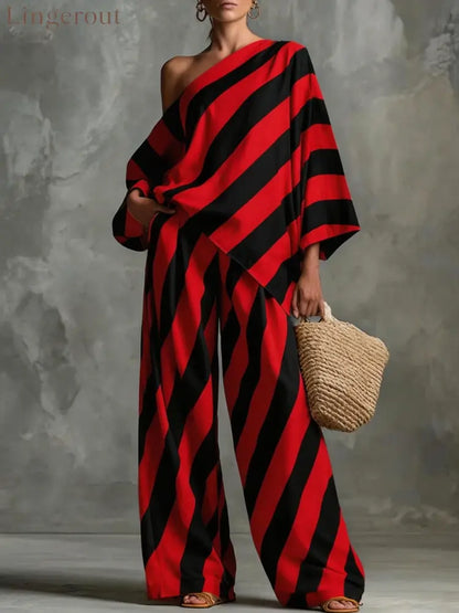 Striped Asymmetric Top & Wide-Leg Pants Set - Red / S