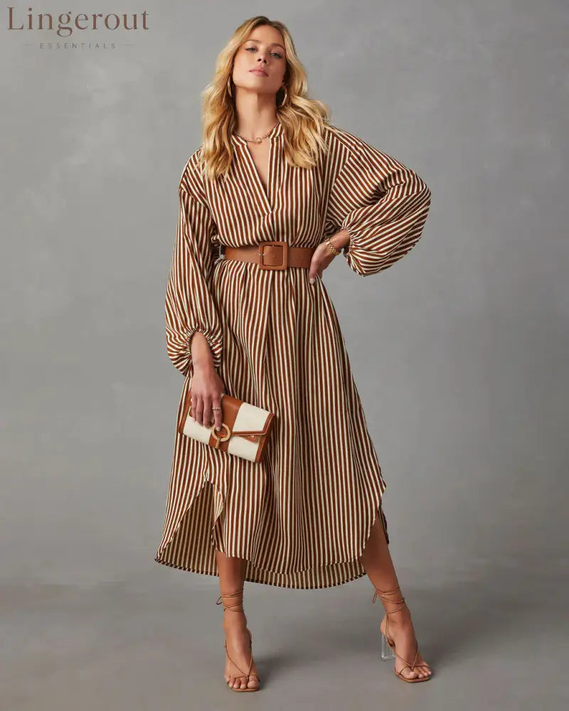 Striped Belted Midi Dress - Khaki / S
