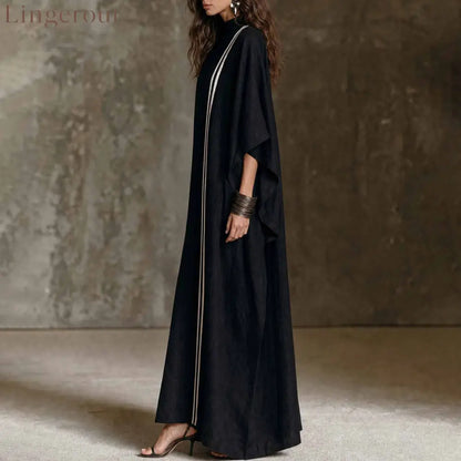 Striped Detail Stand Collar Linen Blend Kaftan Maxi Dress
