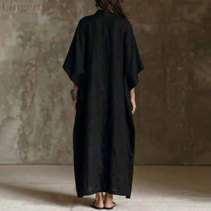 Striped Detail Stand Collar Linen Blend Kaftan Maxi Dress