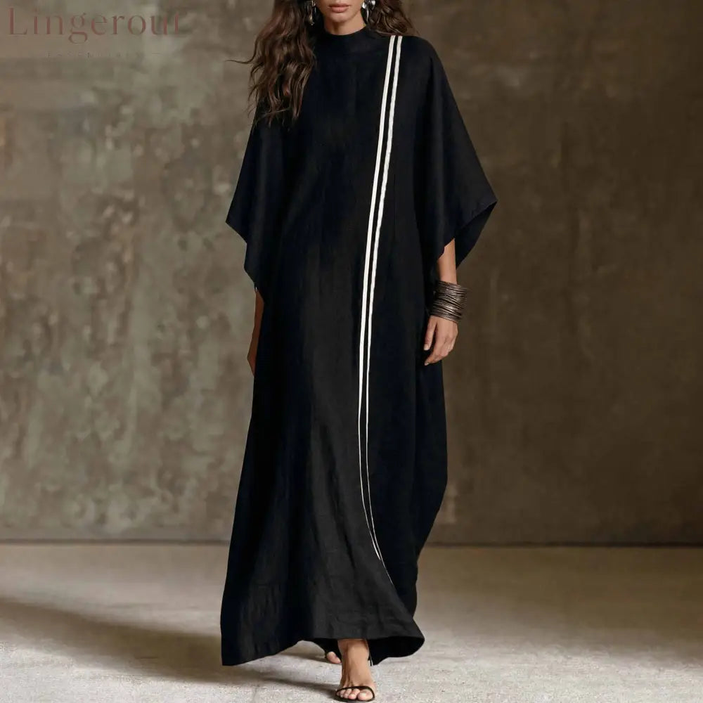 Striped Detail Stand Collar Linen Blend Kaftan Maxi Dress - Black / S