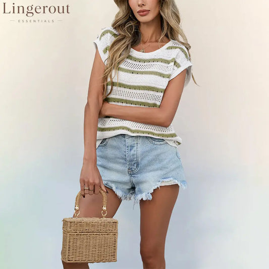 Striped Hollow Knit Cap Sleeve Top
