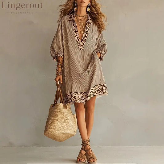 Striped Leopard Trim Loose Shirt Mini Dress