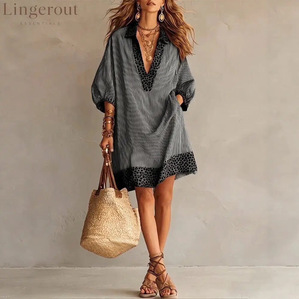 Striped Leopard Trim Loose Shirt Mini Dress - Black / S