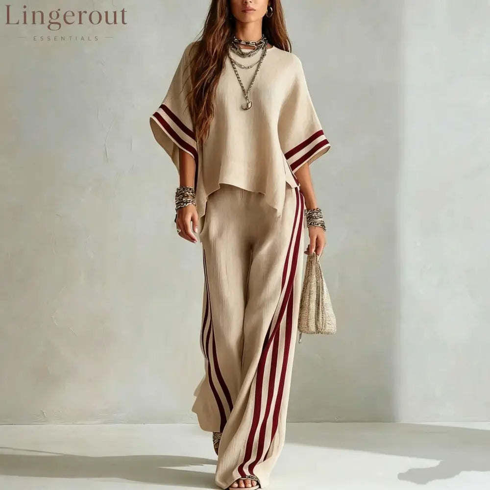 Striped Linen-Blend Two-Piece Set - Khaki / S